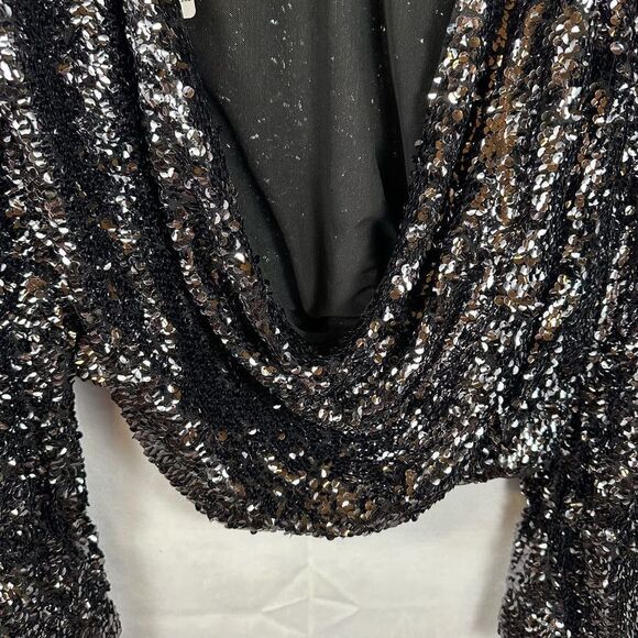 Free People Open Back Black Sequin Mockneck Lined Shirt Top Bell Sleeve XS NWT - Picture 9 of 11